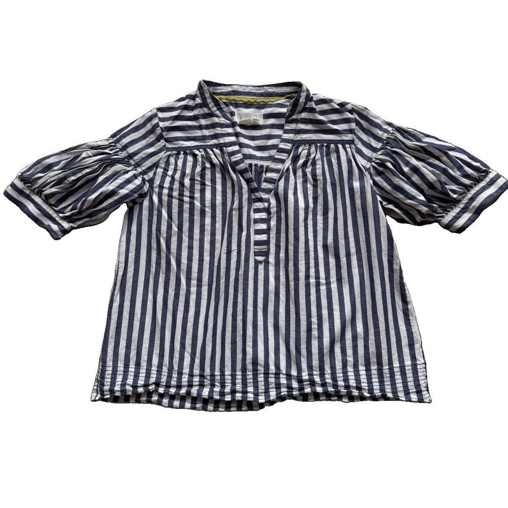 Maeve Anthropologie Navy White Striped Puff Sleeve V-Neck Polo Top Size XS